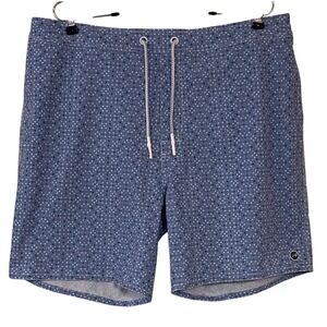 Johnnie-O Mens Elastic Surf Shorts 7" Blue Geometric Swim Trunks Mesh Lined XL